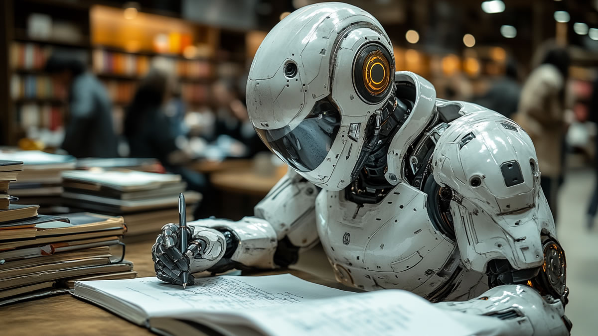 Uma inteligência artificial escrevendo um texto humanizado em uma biblioteca. Uma inteligência artificial escrevendo um texto humanizado em uma biblioteca.